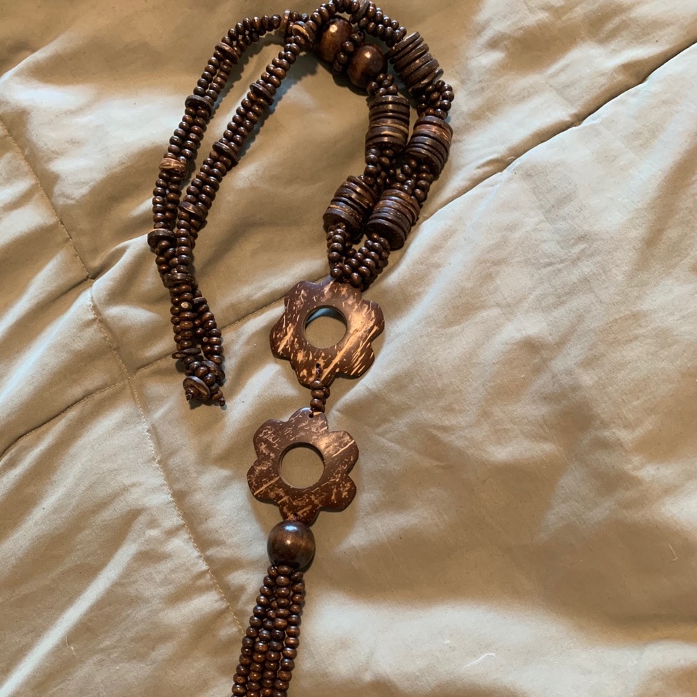 Vintage Hand Beaded Long Wooden Necklace